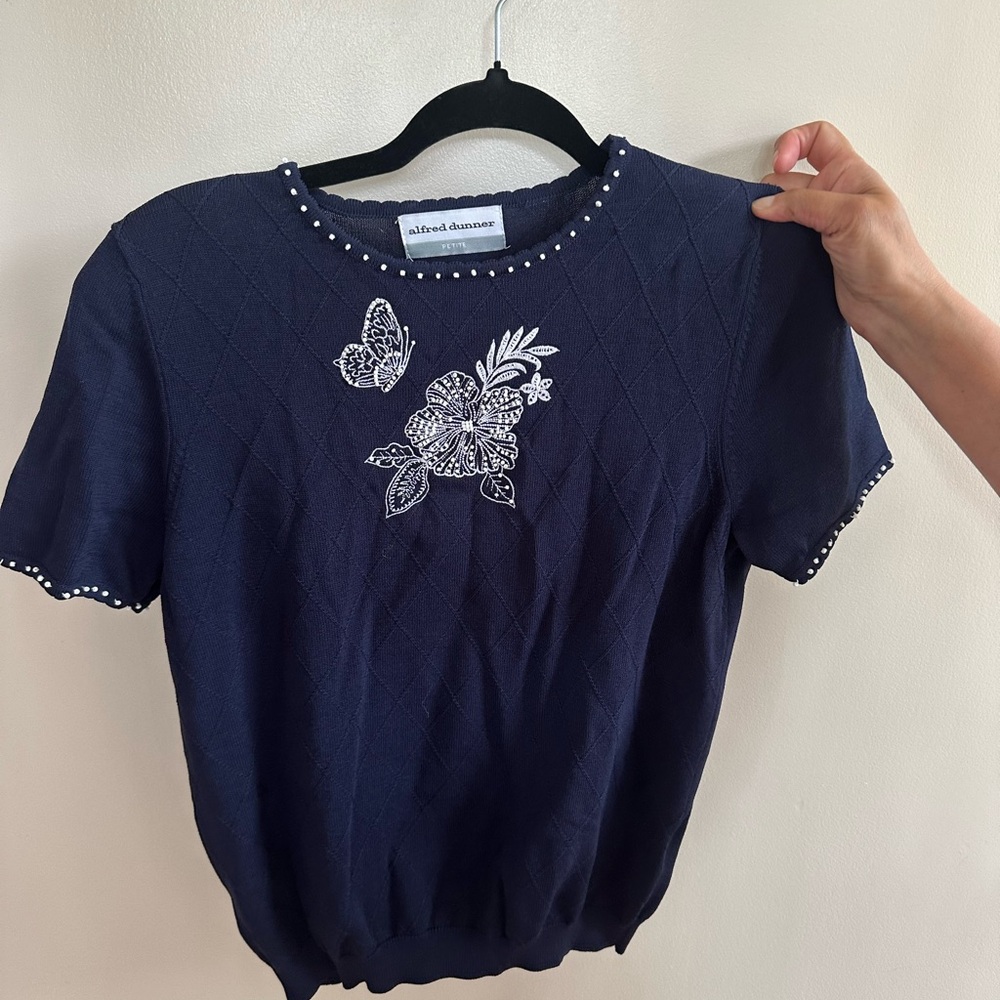 Alfred Dunner Navy Embellished Women's Top - Petite